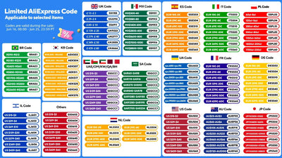 Image of limited AliExpress codes for discounts, including various country codes, valid from June 16 to June 30, 2023.