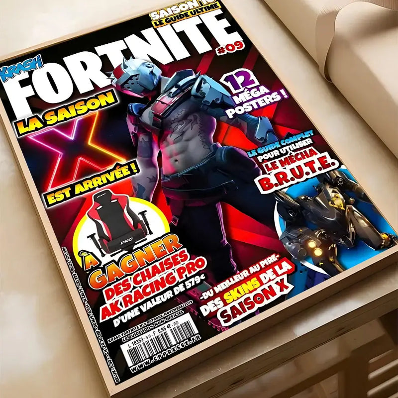 F-Fortnite Season X magazine poster featuring characters, ideal for home decor in living rooms or cafes.