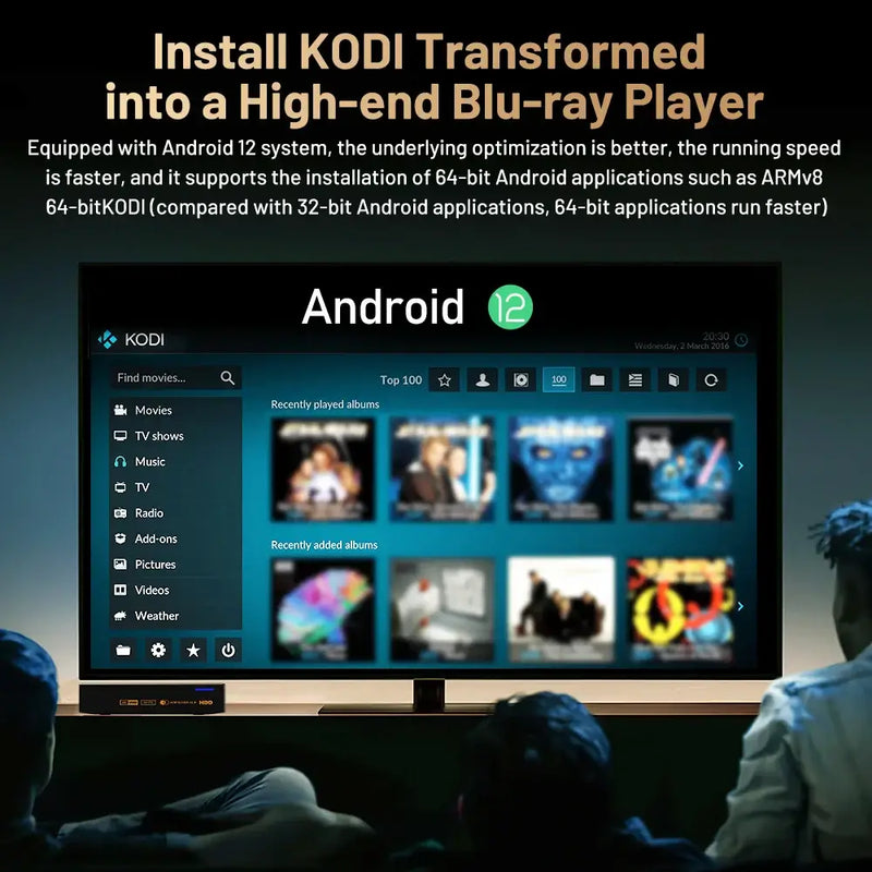 Android 12 interface showcasing KODI transformed into a high-end Blu-ray player with media options.