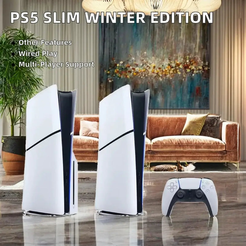 PS5 Slim Winter Edition console with controller, featuring wired play and multi-player support in a stylish living room setting.