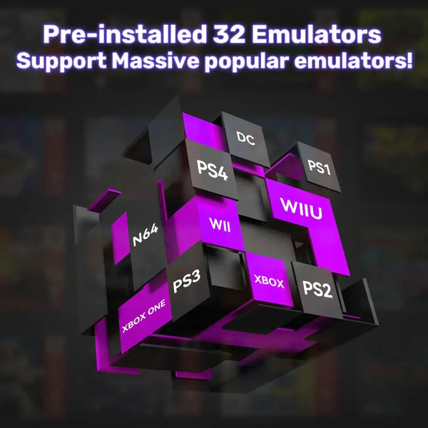 Cube graphic displaying 32 pre-installed emulators for popular gaming consoles like PS4, Xbox, WiiU, and more.