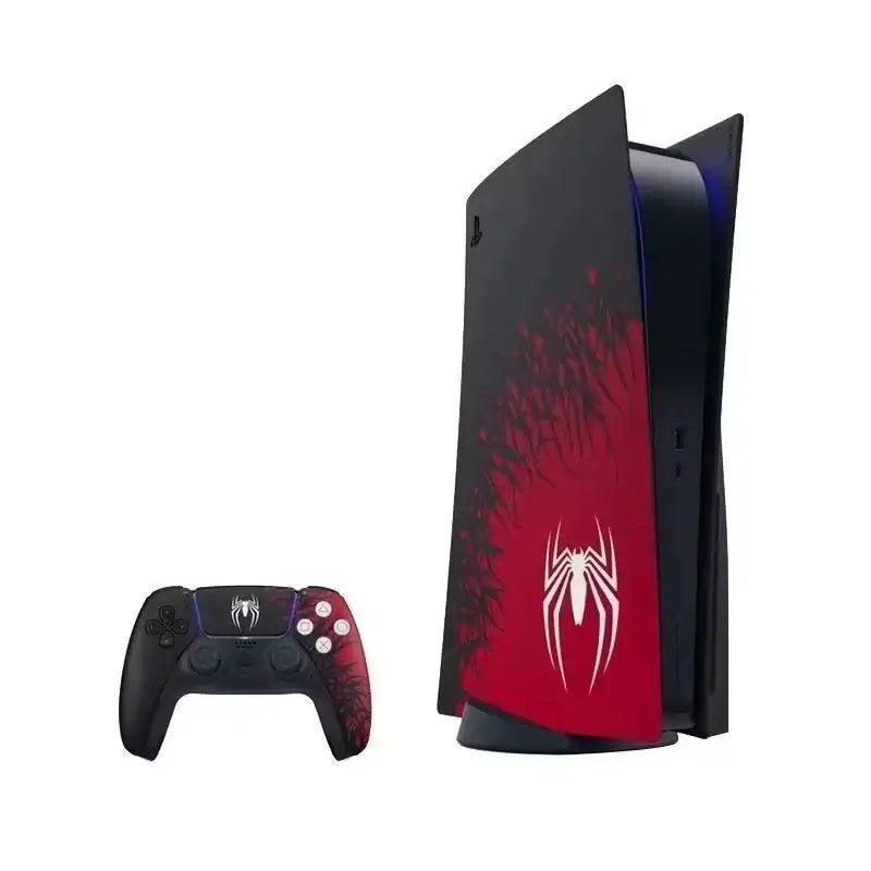 PS5 Slim console with Spider-Man design and matching controller, showcasing sleek gaming aesthetics.
