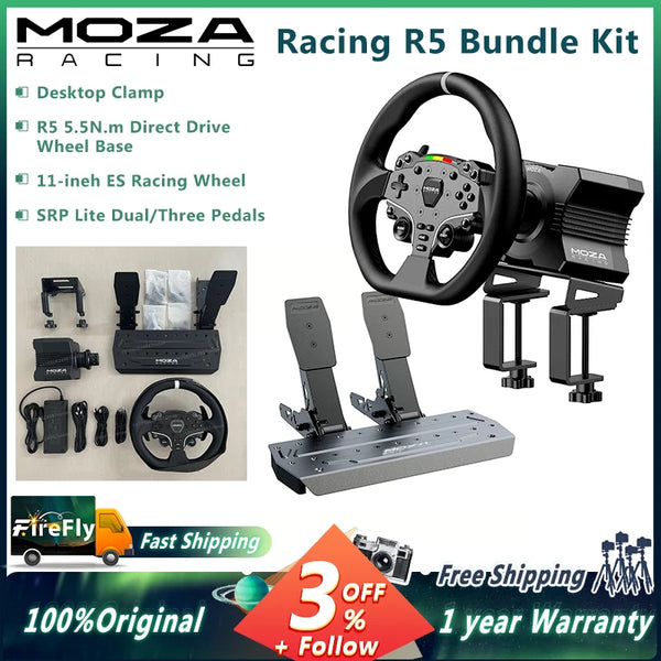 MOZA Racing R5 Bundle Kit Direct Drive Wheel Base 5.5 N·m Peak Torque APP Cloud Control with Steering Wheel ,Pedals,Table Clamp