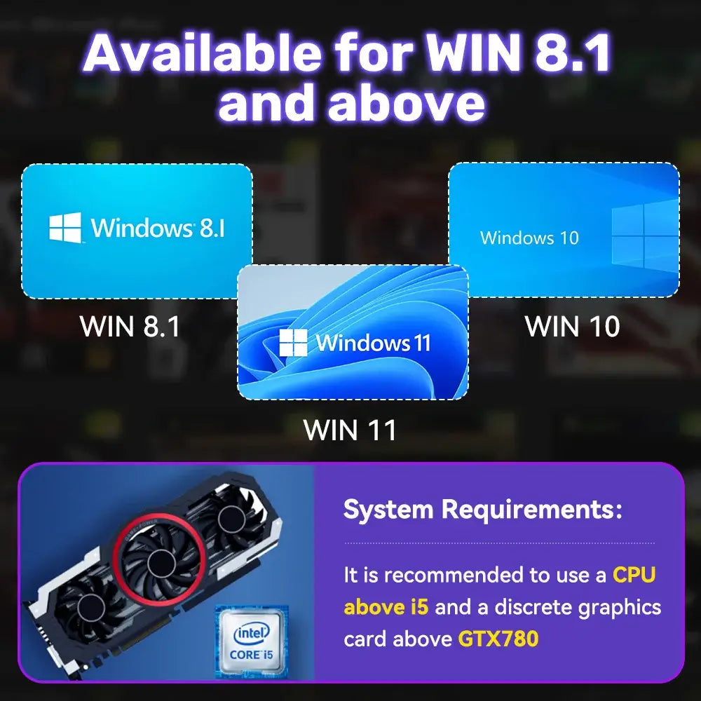 System requirements for video game console, compatible with Windows 8.1, 10, and 11, featuring Intel Core i5 and GTX 780.