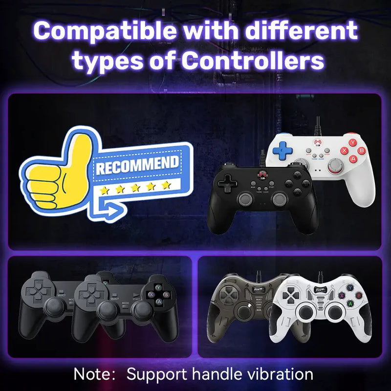 Image showcasing compatibility with various game controllers, featuring a recommendation badge and vibration support note.