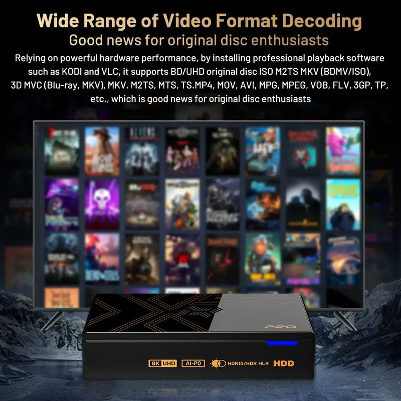 Media player with HDR support showcasing wide video format decoding options on a TV screen.